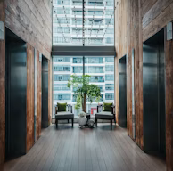 brown wooden door near green potted plant